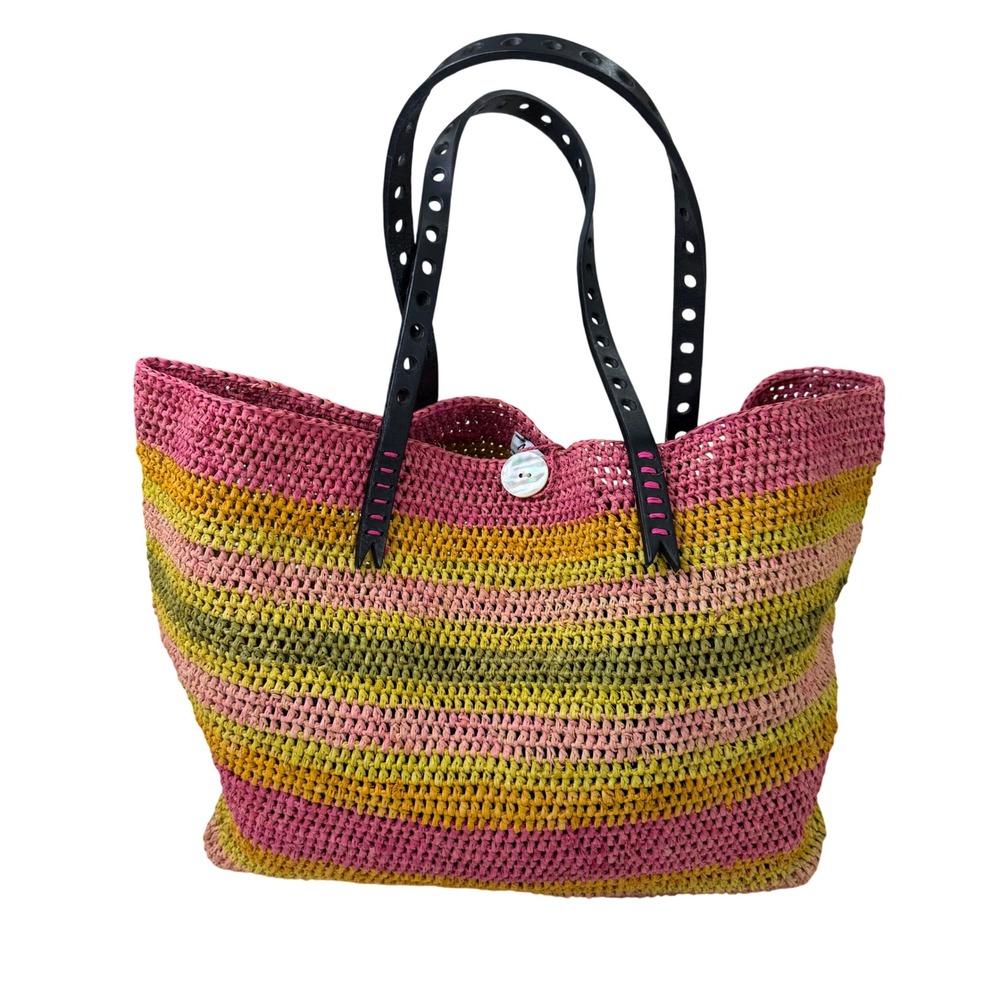 Annabel Ingall Multi Color Striped Raffia Tote Bag Handmade Madagascar